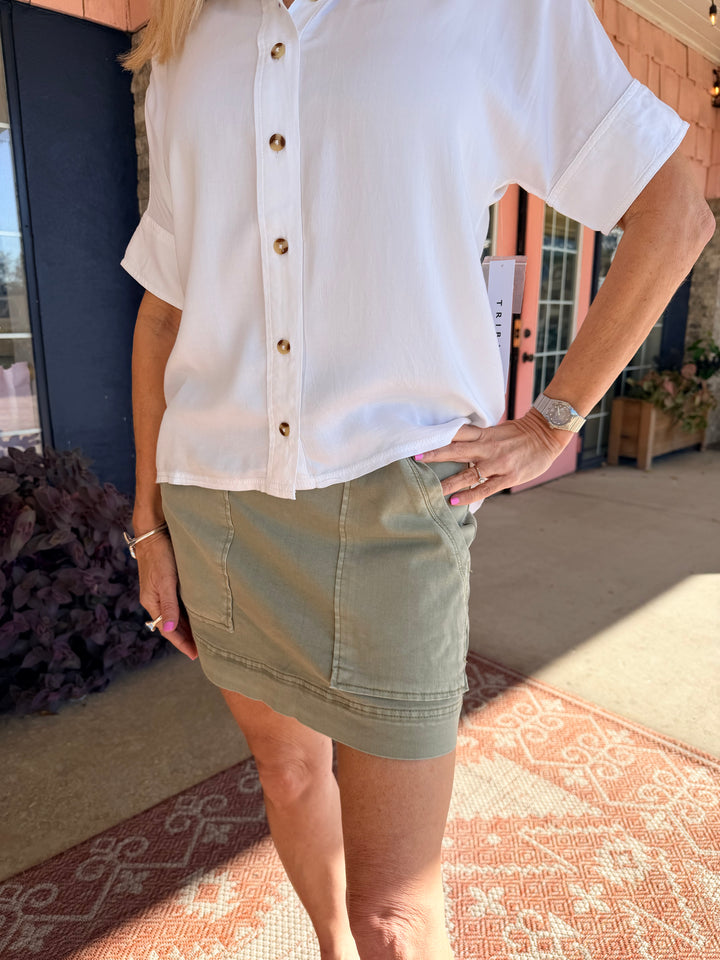 Tribal Comfort Stretch Audrey Pull-On Denim Skort Patch Pockets - Cactusclay