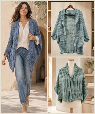 Artisanal Crochet-Look Cocoon Cardigan with Fringe Trim