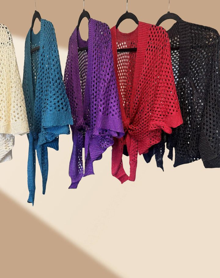 Eyelet Open-Knit Metallic Cardigan with Front Tie