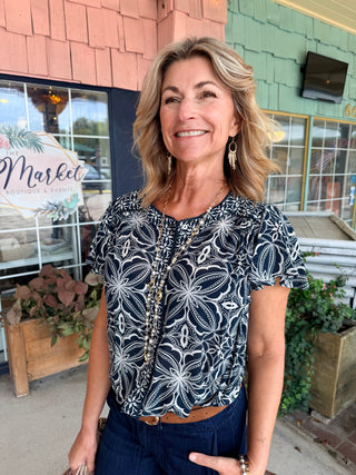 Liverpool Flutter Sleeve Mixed Print Top Blue w/ Cream