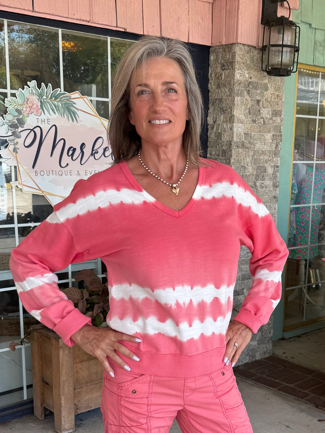 XCVI Wearables Rolin Terry V-Neck Pullover  in Caravel Wash Guava