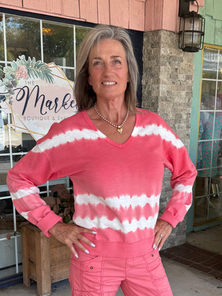 XCVI Wearables Rolin Terry V-Neck Pullover  in Caravel Wash Guava