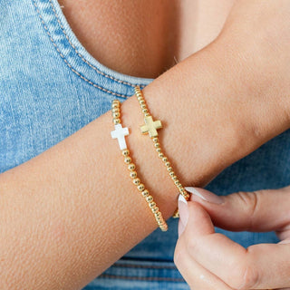 Splendid Iris 3mm Beaded Stretch Bracelet with Single Gold Cross