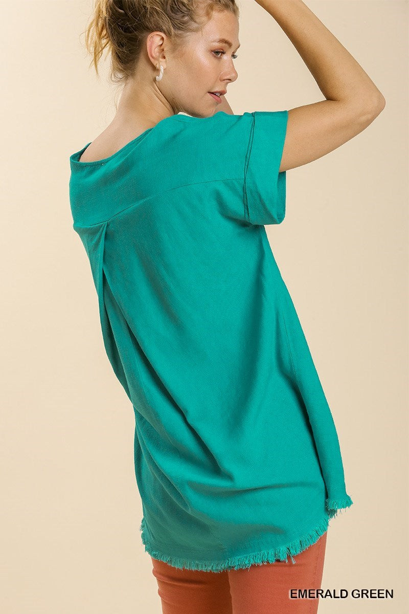 FINAL SALE Linen Blend Top with Frayed Hem - Emerald