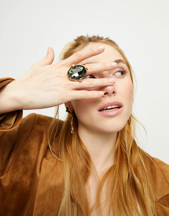UNOde50 Large ring with oval faceted gray crystal - Gold