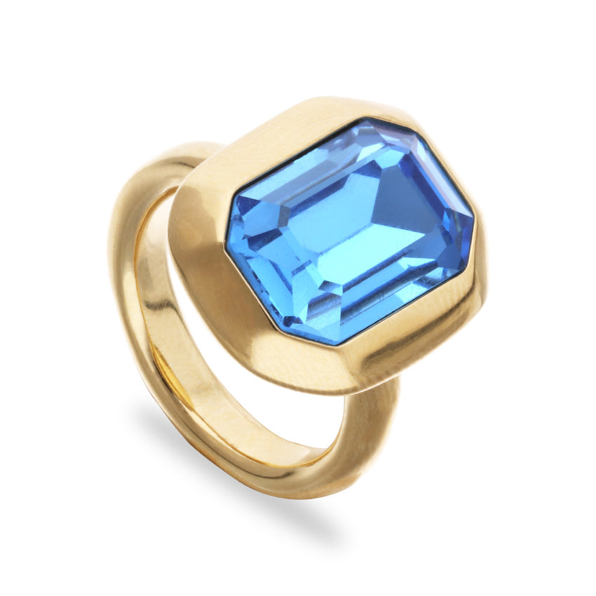 UNOde50 Ring Nucleo with Blue Faceted Crystal - Gold