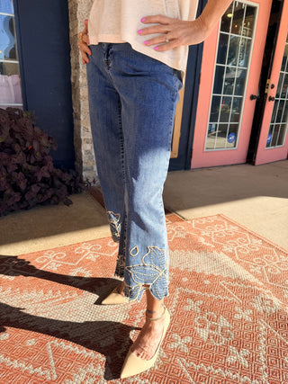 Charlie B Cropped Wide Leg Stretch Denim Pants With Flower Embroidery At Hem