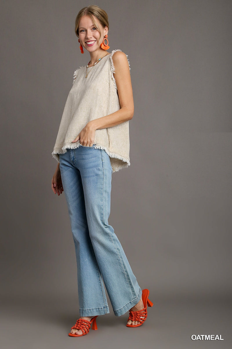 Linen Blend Back Button Down Sleeveless Top - Eggshell