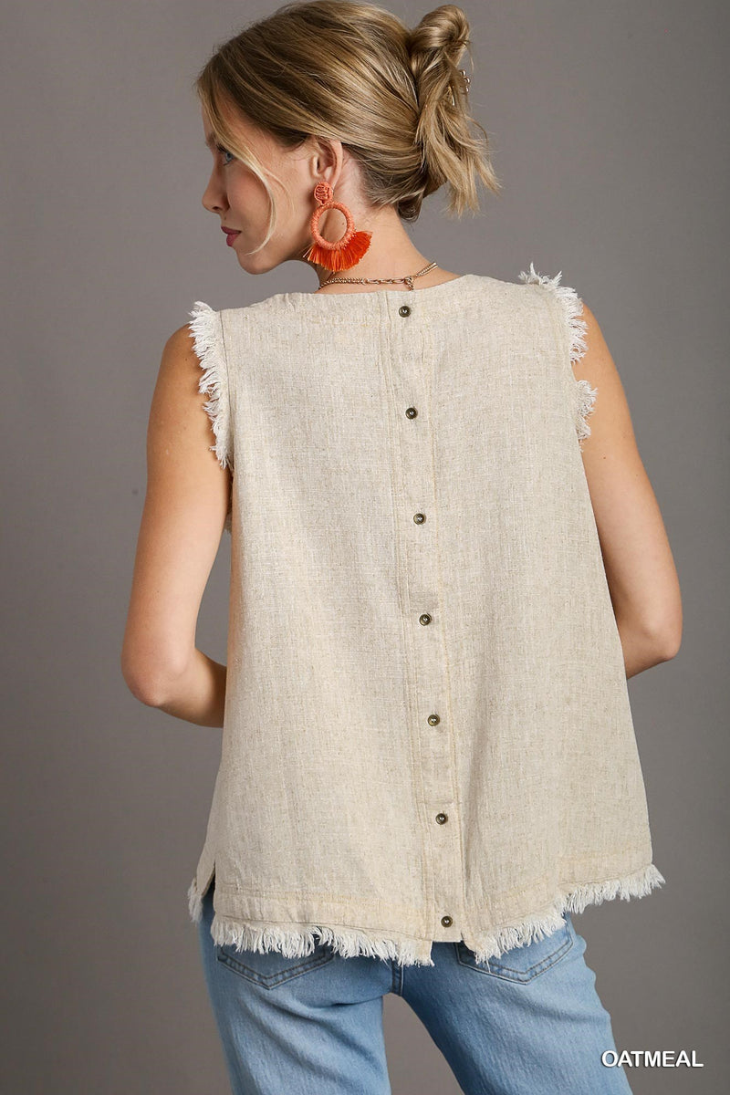 Linen Blend Back Button Down Sleeveless Top - Eggshell