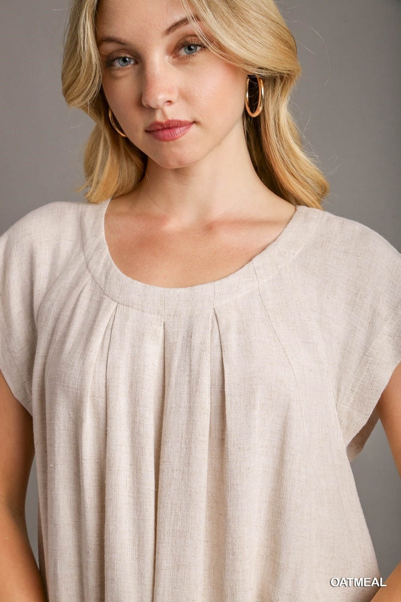 FINAL SALE Pleated Round Neck Boxy Cut Top - Oatmeal