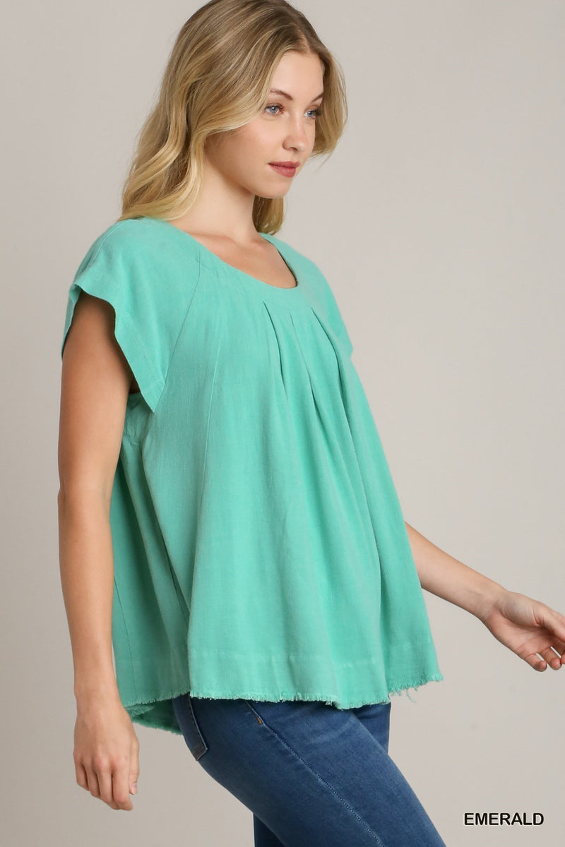 FINAL SALE Pleated Round Neck Boxy Cut Top - Emerald