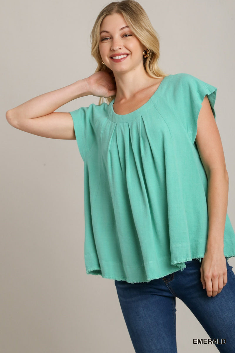 FINAL SALE Pleated Round Neck Boxy Cut Top - Emerald