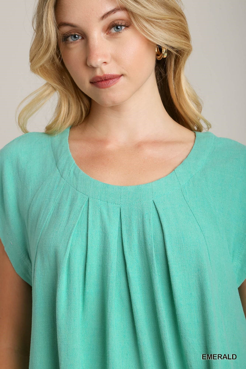 FINAL SALE Pleated Round Neck Boxy Cut Top - Emerald