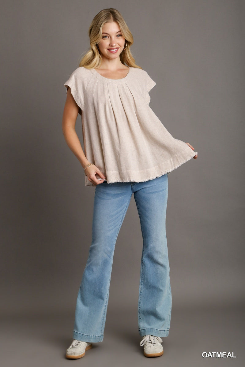 FINAL SALE Pleated Round Neck Boxy Cut Top - Oatmeal