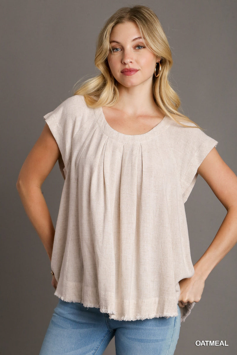 FINAL SALE Pleated Round Neck Boxy Cut Top - Oatmeal