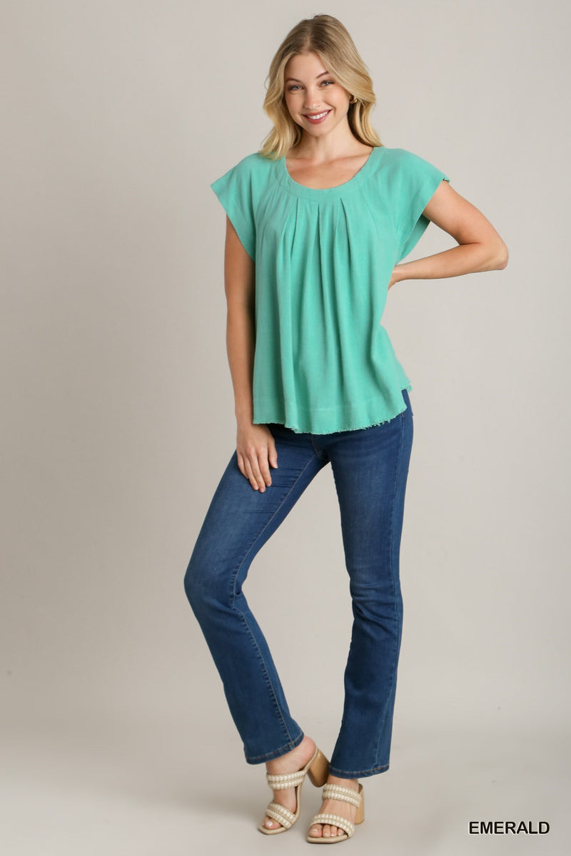 FINAL SALE Pleated Round Neck Boxy Cut Top - Emerald