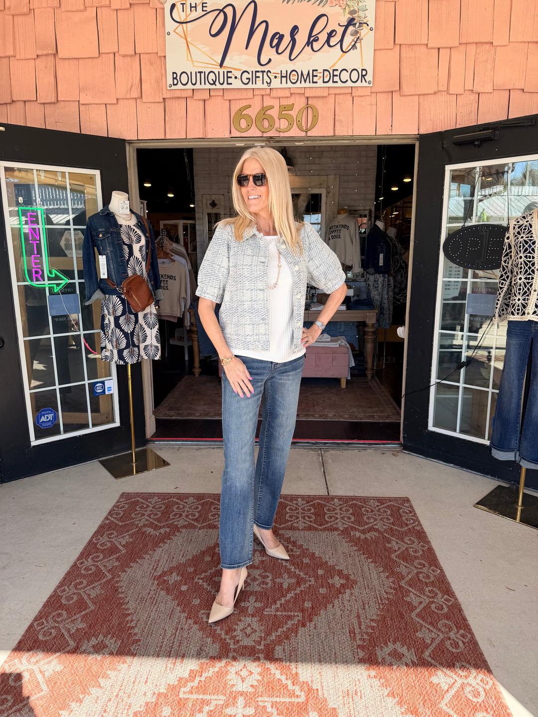 Liverpool Short Puff Sleeve Cropped Jacket - Cream Blue Plaid