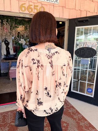 Tribal Flowy Dolman Sleeve Blouse With Self-Covering Buttons Suede