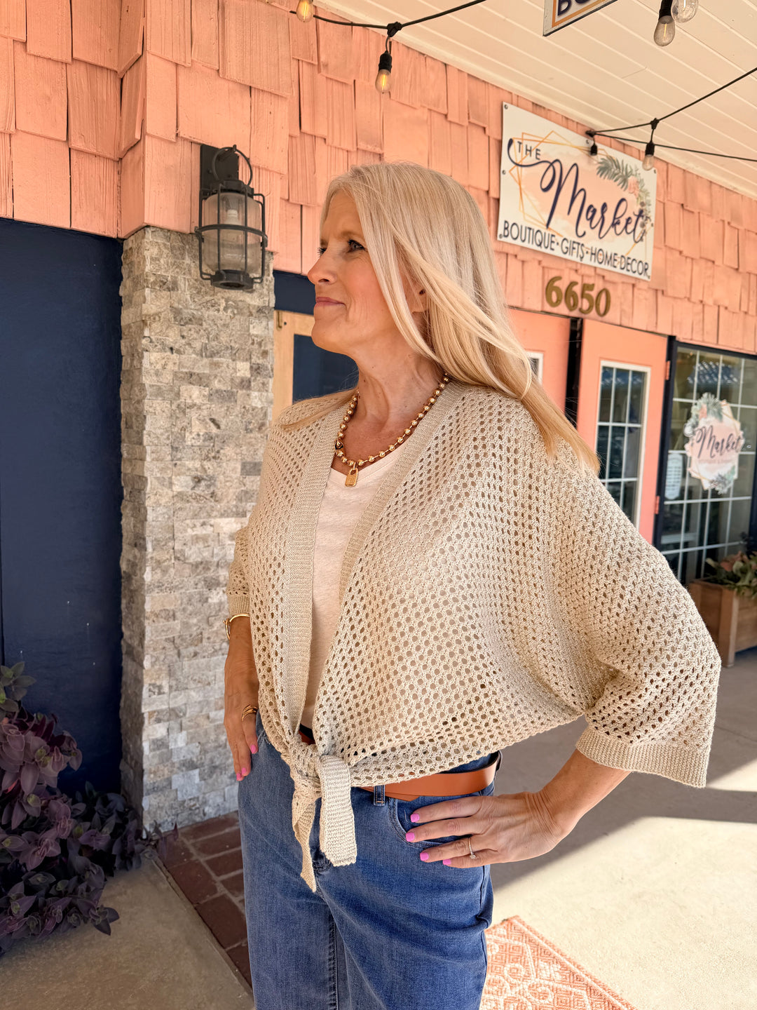 Charlie B Dolman Elbow Sleeve Tie Front Crochet Lurex Sweater Shrug - Gold