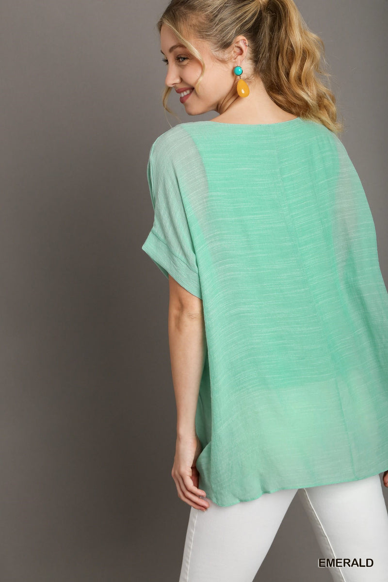 Relaxed Fit High Low Top with Dolman Sleeves - Emerald C111
