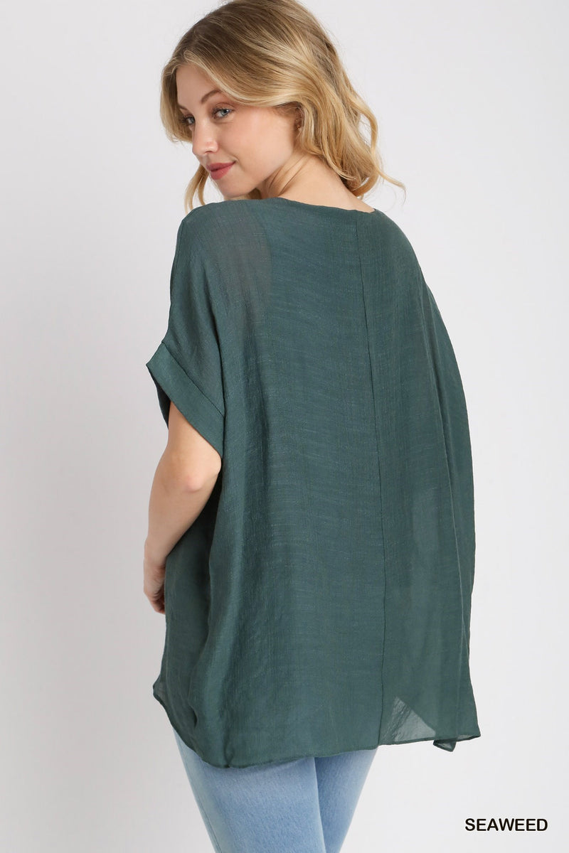 Relaxed Fit High Low Top with Dolman Sleeves - Seaweed C111