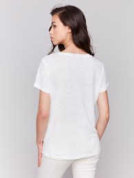 Charlie B Linen Jersey Knit V-Neck T-Shirt With Short Sleeves And Neckband Detail - Natural