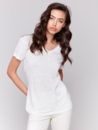 Charlie B Linen Jersey Knit V-Neck T-Shirt With Short Sleeves And Neckband Detail - Natural