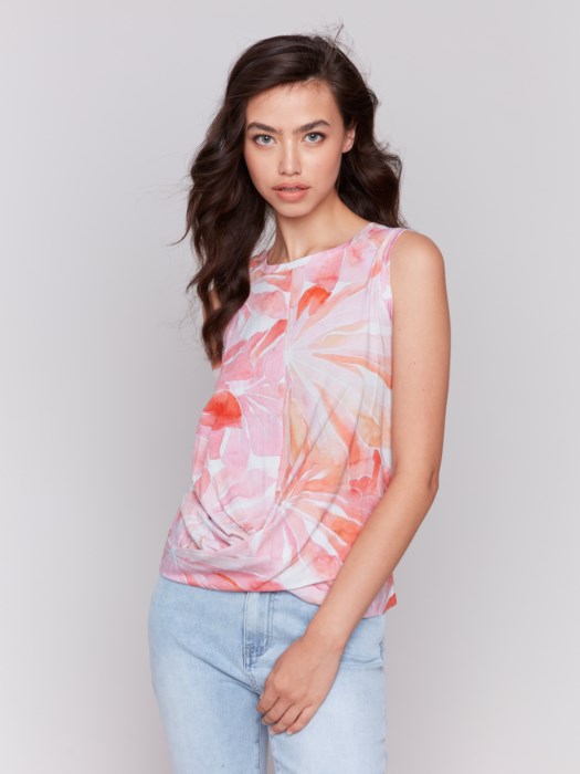 Charlie B Printed Cotton Slub Tank Top with Knot Detail - Begonia