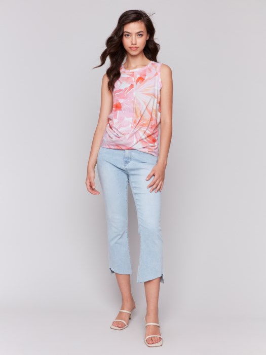 Charlie B Printed Cotton Slub Tank Top with Knot Detail - Begonia