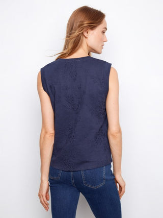 Charlie B  Sleeveless Crew Neck T-Shirt With All Over Embroidery - Navy