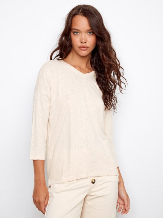 Charlie B Foil Print V-Neck 3/4 Sleeve Top  - Champagne
