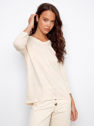 Charlie B Foil Print V-Neck 3/4 Sleeve Top  - Champagne