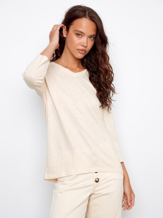 Charlie B Foil Print V-Neck 3/4 Sleeve Top  - Champagne