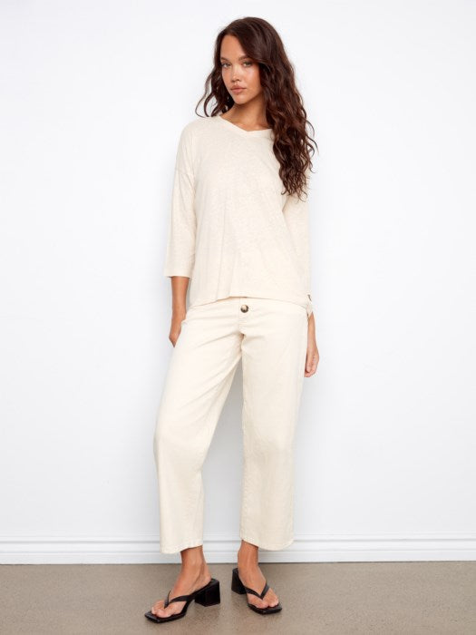 Charlie B Foil Print V-Neck 3/4 Sleeve Top  - Champagne