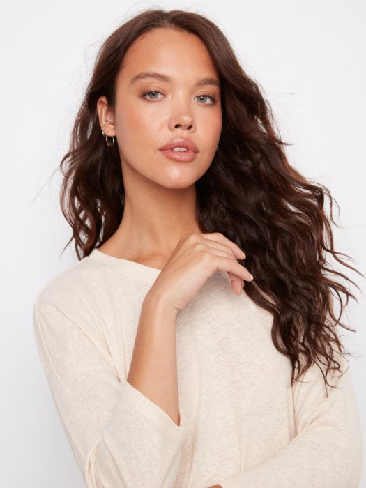 Charlie B Foil Print V-Neck 3/4 Sleeve Top  - Champagne