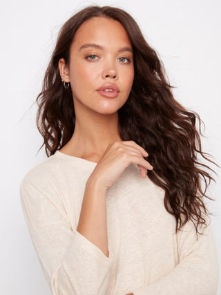 Charlie B Foil Print V-Neck 3/4 Sleeve Top  - Champagne