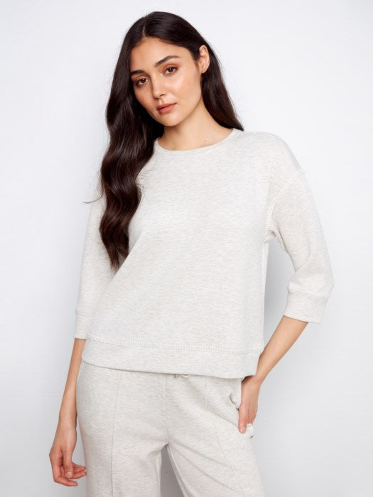 Charlie B Soft Scuba 3/4 Sleeve Top With Blanket Stitch - Grey
