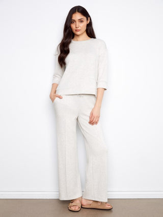 Charlie B Soft Scuba 3/4 Sleeve Top With Blanket Stitch - Grey