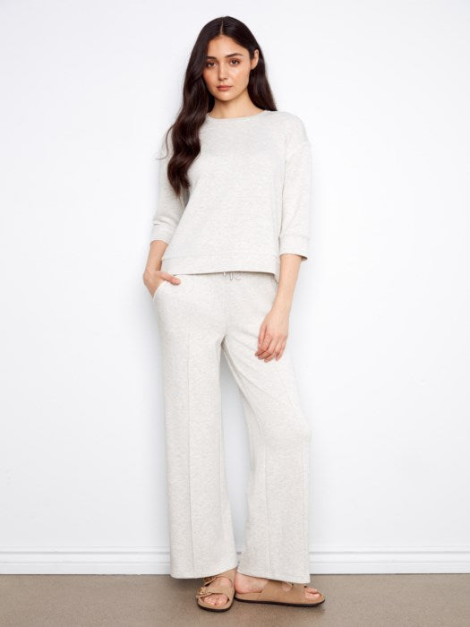 Charlie B Soft Scuba 3/4 Sleeve Top With Blanket Stitch - Grey