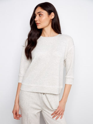 Charlie B Soft Scuba 3/4 Sleeve Top With Blanket Stitch - Grey