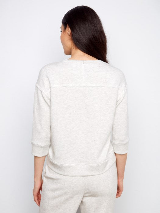 Charlie B Soft Scuba 3/4 Sleeve Top With Blanket Stitch - Grey