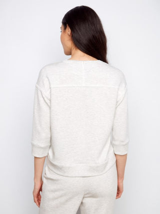 Charlie B Soft Scuba 3/4 Sleeve Top With Blanket Stitch - Grey
