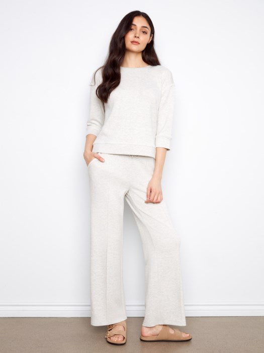 Charlie B Soft Scuba 3/4 Sleeve Top With Blanket Stitch - Grey