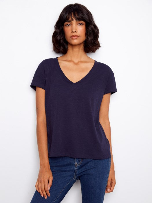 Charlie B Organic Cotton Drop Shoulder V-Neck T-Shirt - Navy