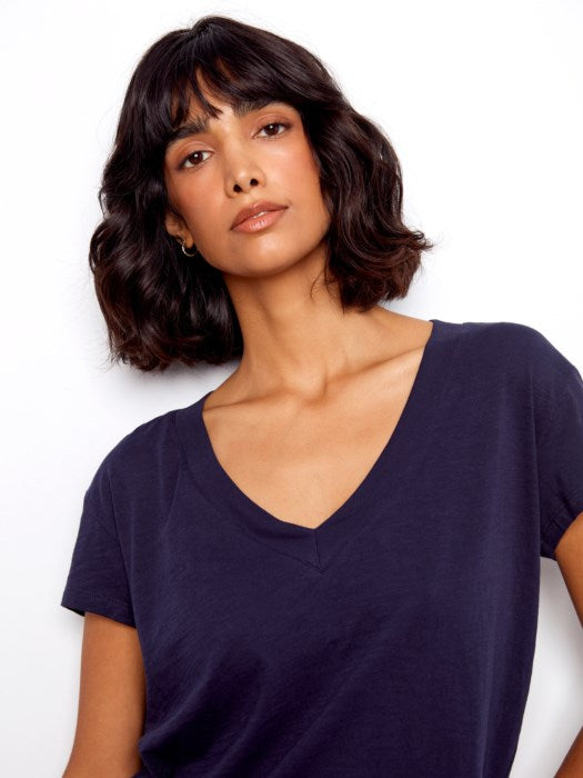 Charlie B Organic Cotton Drop Shoulder V-Neck T-Shirt - Navy