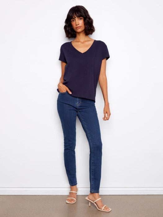 Charlie B Organic Cotton Drop Shoulder V-Neck T-Shirt - Navy