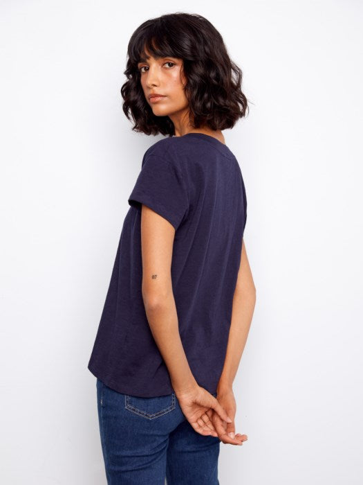 Charlie B Organic Cotton Drop Shoulder V-Neck T-Shirt - Navy