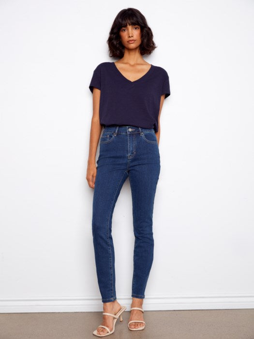 Charlie B Organic Cotton Drop Shoulder V-Neck T-Shirt - Navy