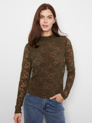 Charlie B Flocked Lace Long Sleeve Mock Neck Top Lined at Body Olive