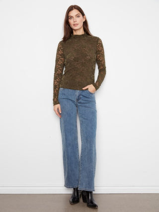 Charlie B Flocked Lace Long Sleeve Mock Neck Top Lined at Body Olive